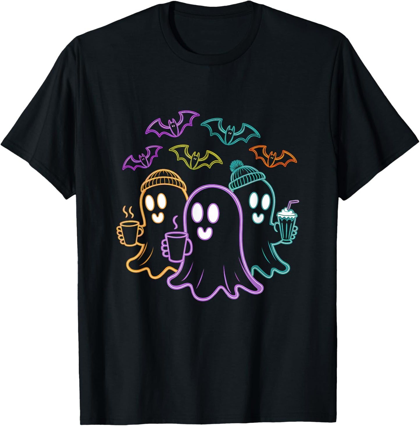 Ghosts Coffee Crew Cute Halloween Design T-Shirt - T-Shirt | Black