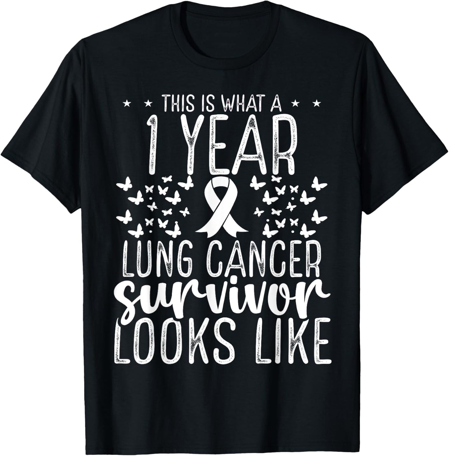 1 Year Lung Cancer Survivor Ribbon Lung Cancer Awareness T-Shirt - T-Shirt | Black