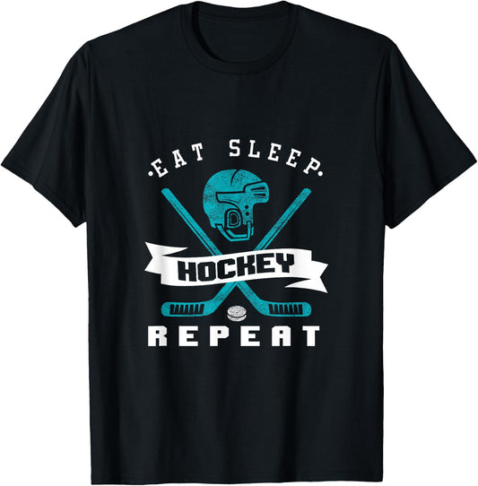 Eat Sleep Hockey Repeat Funny Hockey Player Athlete T-Shirt - T-Shirt | Black