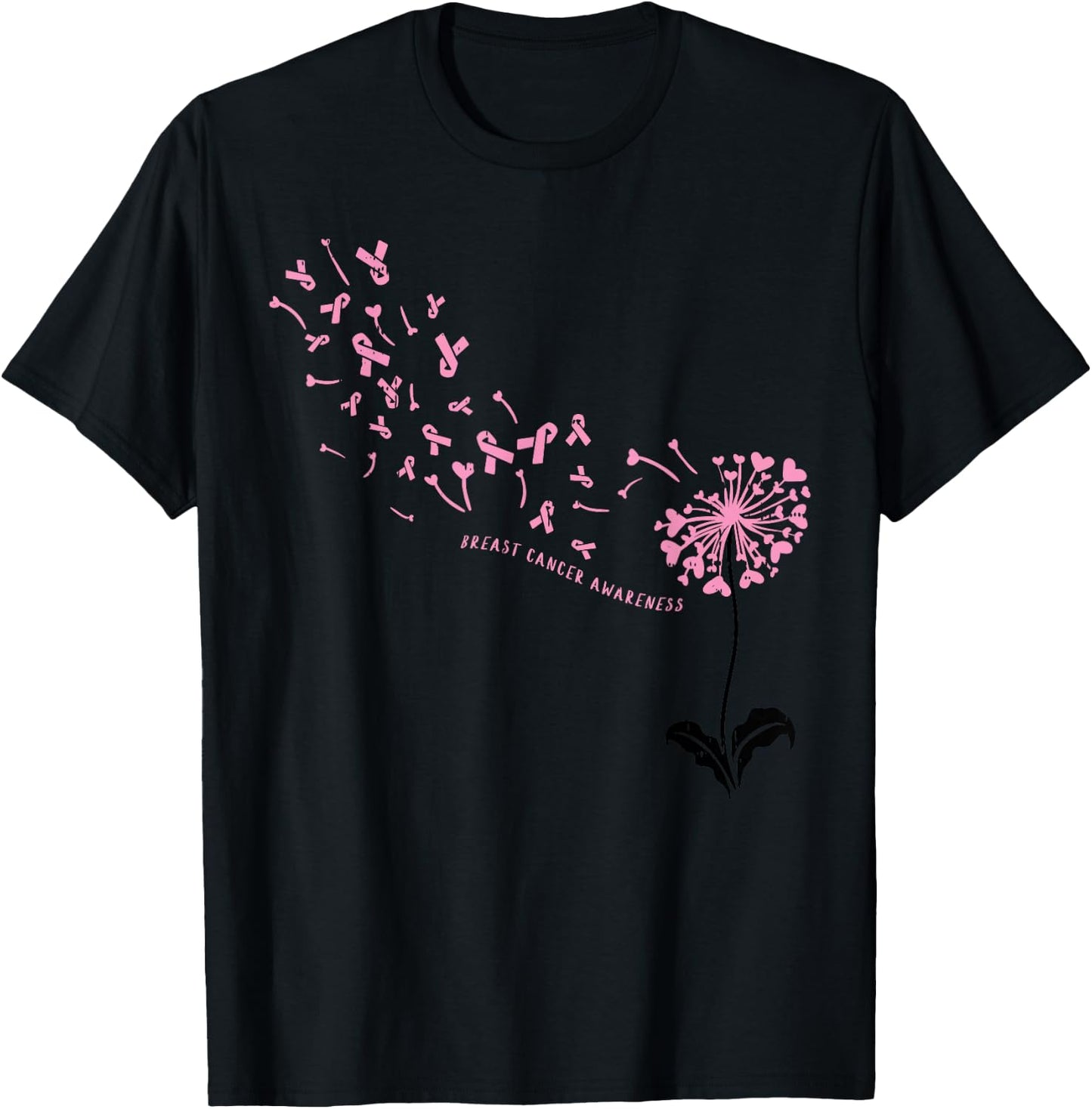 Dandelion Breast Cancer Awareness Pink RIbbon Support Gift T-Shirt - T-Shirt | Black