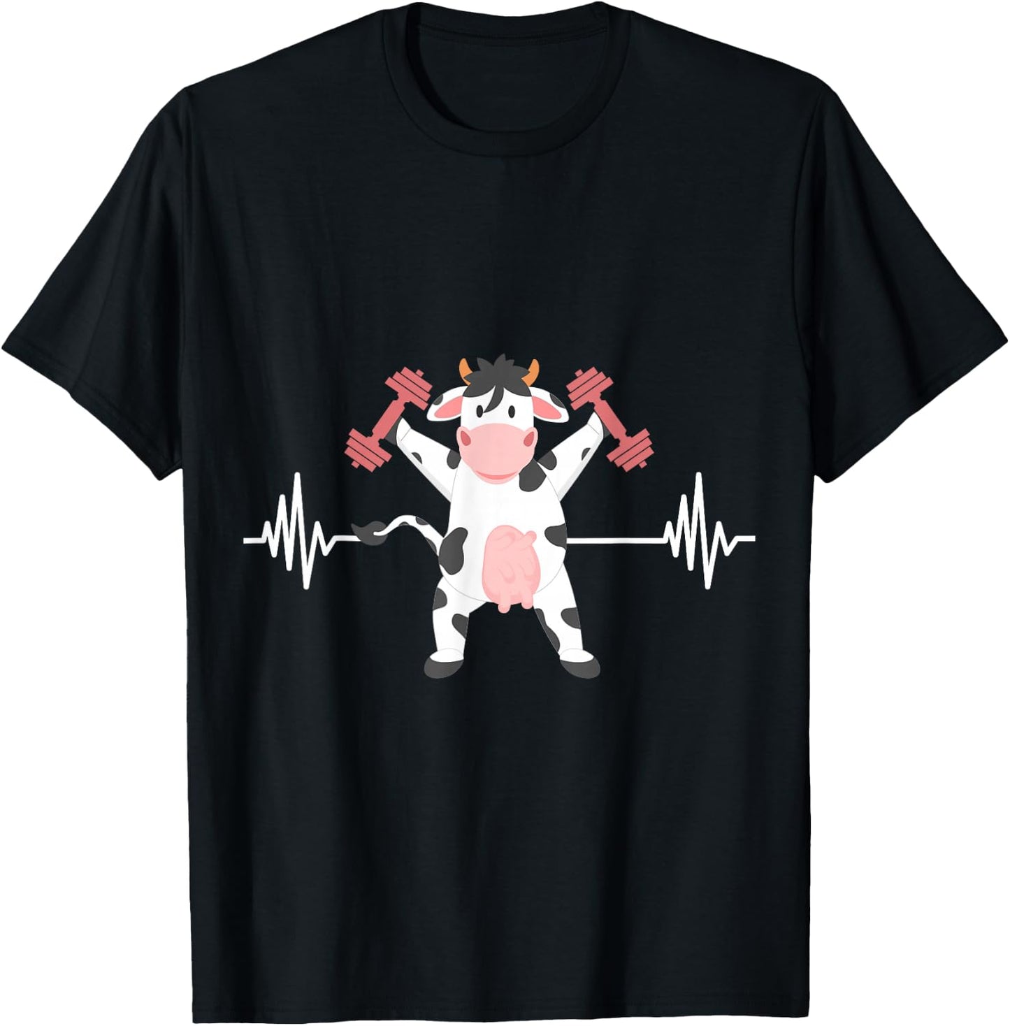 Weightlifter Strong Cow Valve ECG Heartbeat Heart Patient T-Shirt - T-Shirt | Black