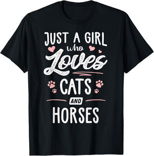 Just A Girl Who Loves Cats And Horses Gift Cat Lover T-Shirt - T-Shirt | Black