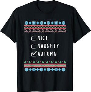 Nice, Naughty, Autumn Christmas Ugly Sweater Style T-Shirt - T-Shirt | Black