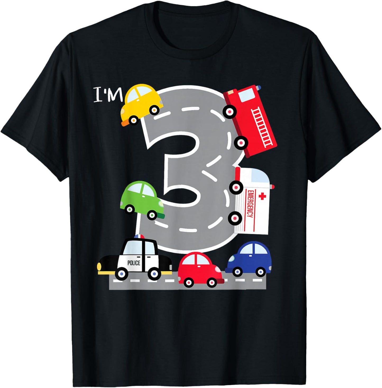 3rd Birthday 3 Year Old Transportation Cars Fire Truck T-Shirt - T-Shirt | Black