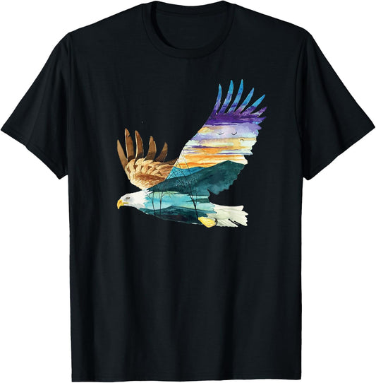 Flying Bald Eagle Mountain Sky Scenary Silhouette T-Shirt - T-Shirt | Black