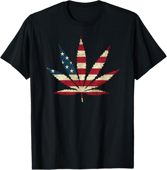 USA Flag Marijuana Leaf - Funny US Flag Pot Weed T-Shirt - T-Shirt | Black