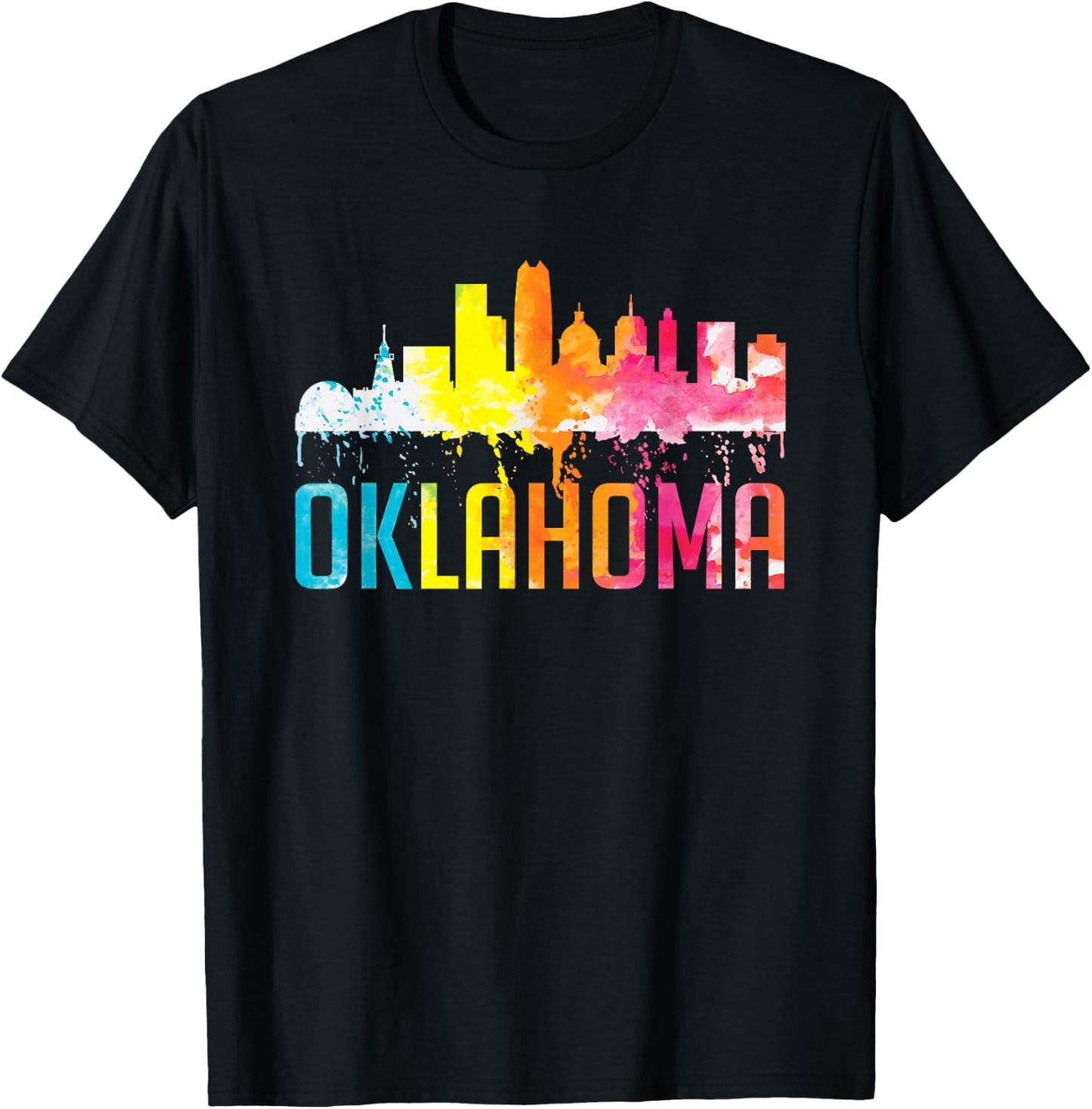 Oklahoma City OK Retro Watercolor Skyline Art Souvenir Gift T-Shirt - T-Shirt | Black
