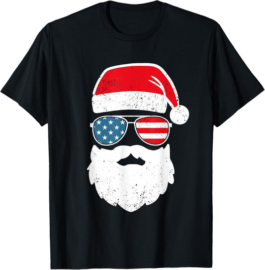 Funny Santa Claus Face Sunglasses Patriotic American Flag T-Shirt - T-Shirt | Black