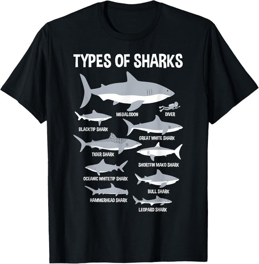 9 Types Of Sharks Educational Ocean Kids Boys Gift T-Shirt - T-Shirt | Black