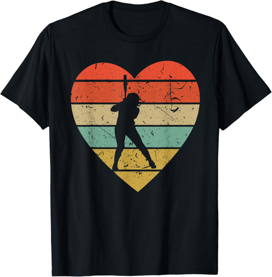 Softball Player Vintage Design Retro Baseball Heart Sport T-Shirt - T-Shirt | Black