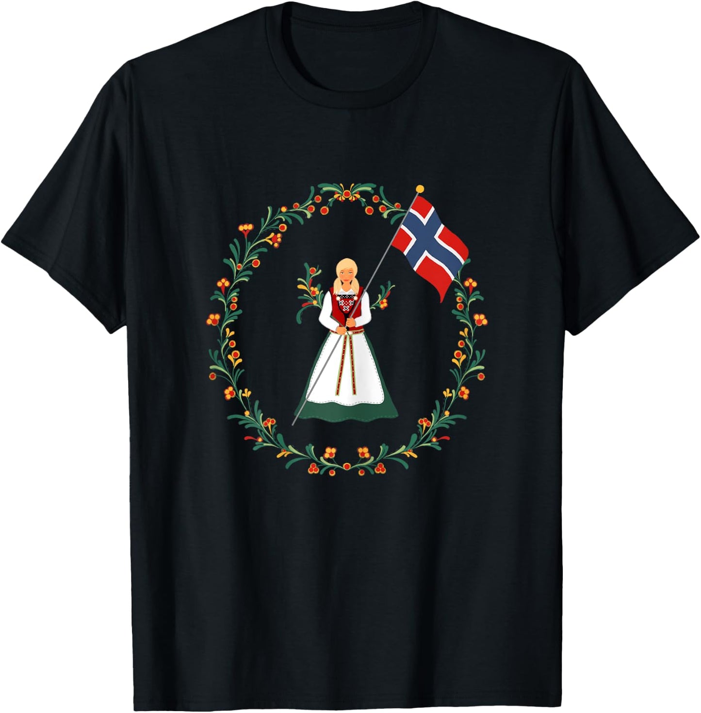 Bunad Norway Girl Costume Rosemaling Norwegian T-Shirt - T-Shirt | Black