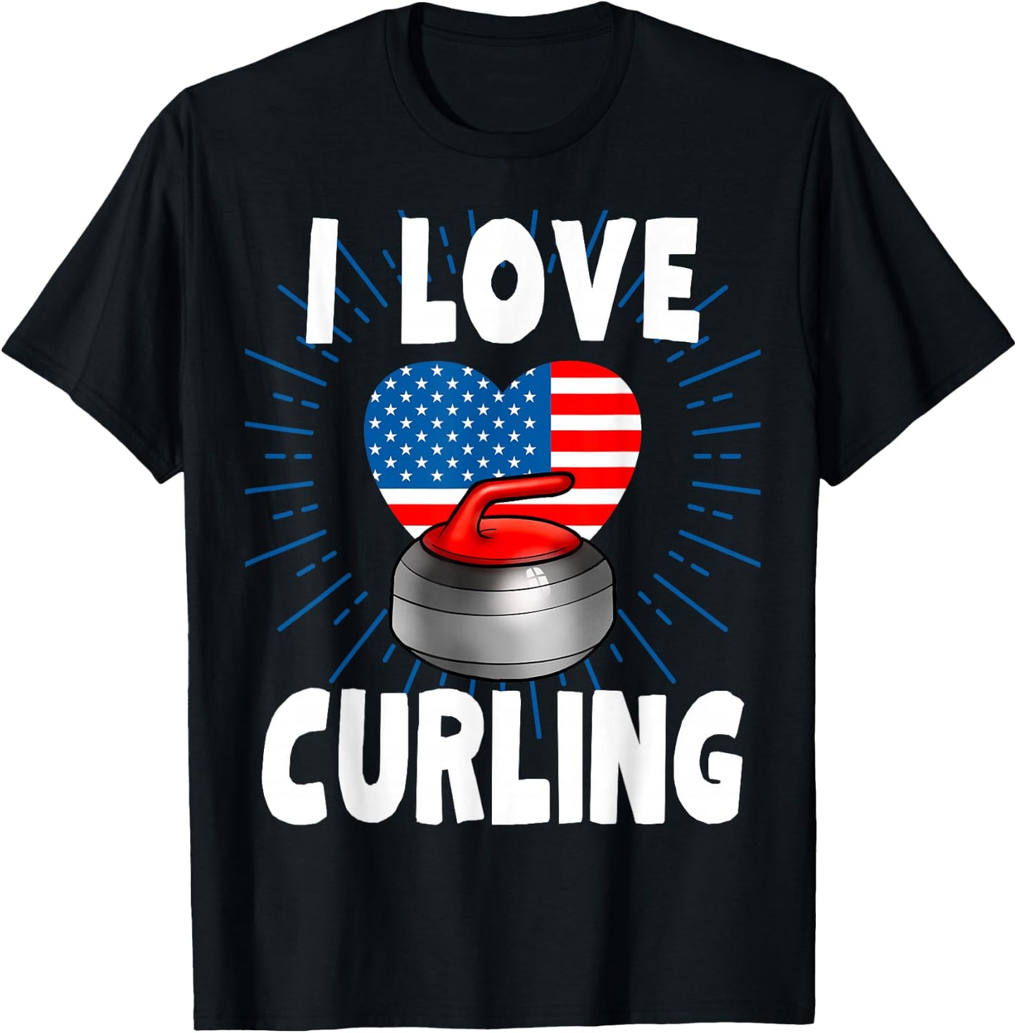 I Love Curling USA Flag 4th of July Winter Sports Man Woman T-Shirt - T-Shirt | Black