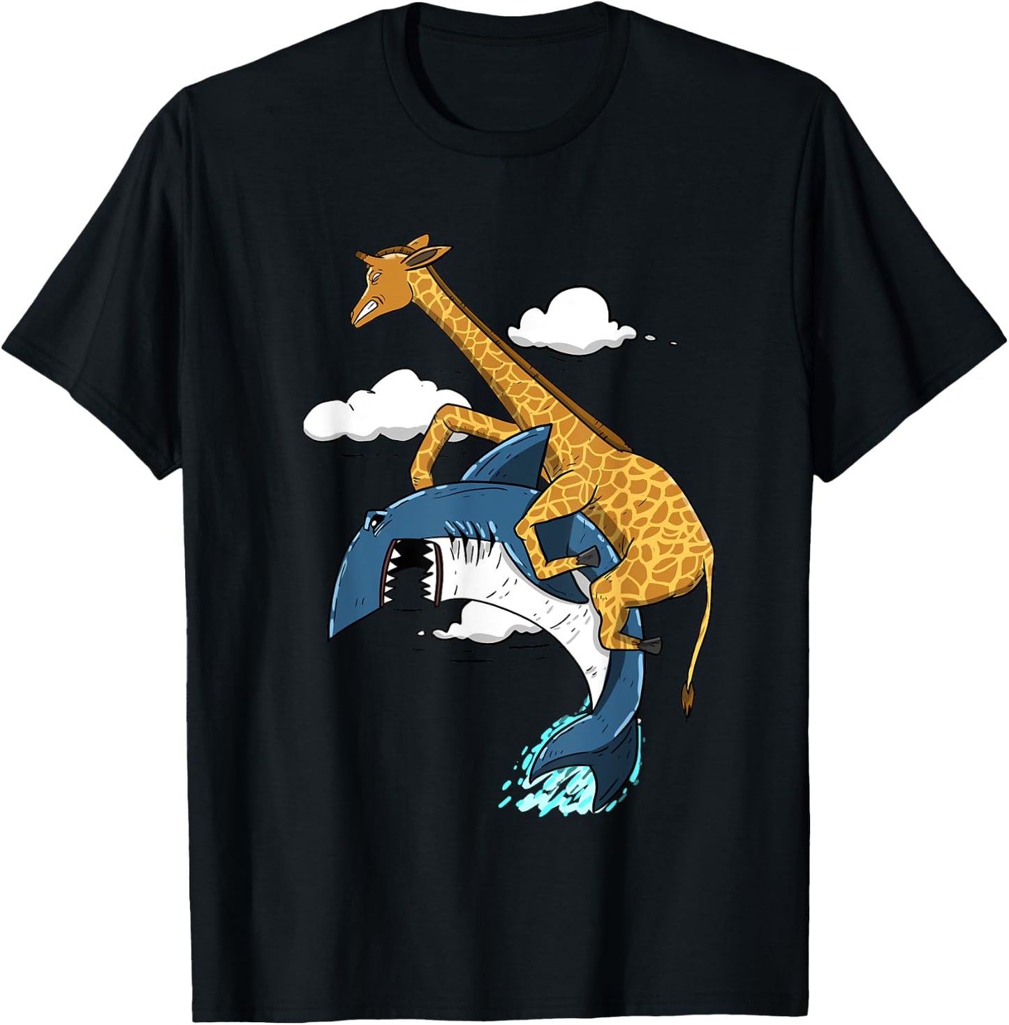 Giraffe Riding Shark Funny Animal Lover Girls Gift T-Shirt - T-Shirt | Black