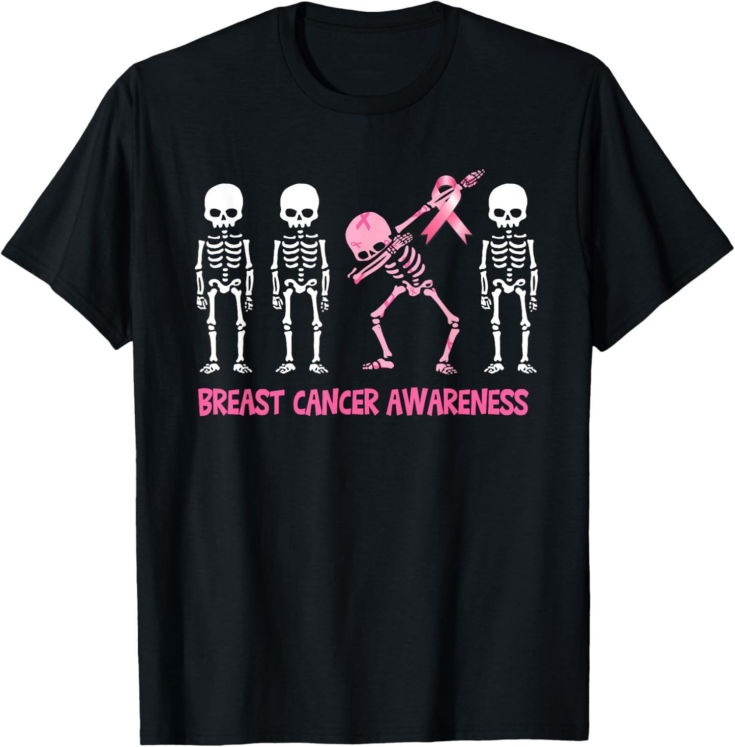 Dabbing Skeleton Pink Ribbon Breast Cancer Halloween T-Shirt - T-Shirt | Black