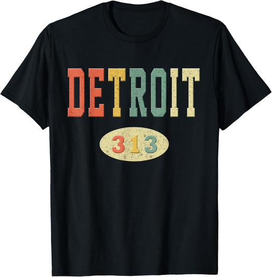 Detroit Shirt Area Code 313 Retro 70s Colors T-Shirt - T-Shirt | Black