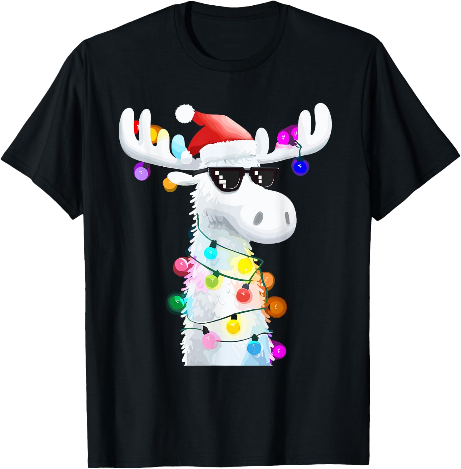 Funny Christmas Moose with Sunglasses and Holiday Lights T-Shirt - T-Shirt | Black
