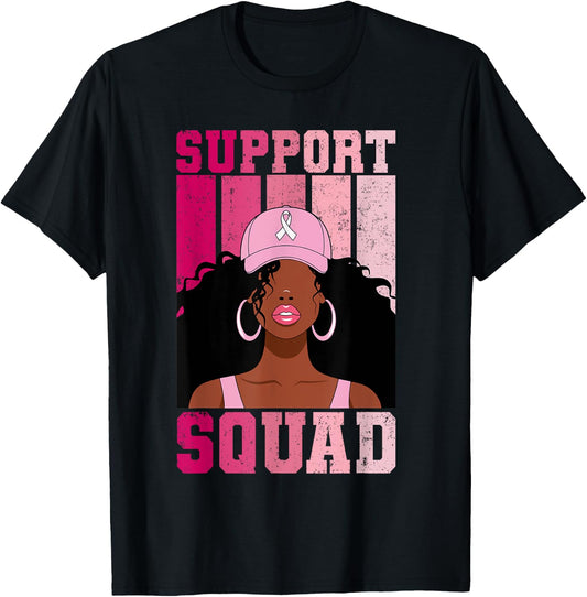 Black Woman Pink Ribbon October Breast Cancer Support Squad T-Shirt - T-Shirt | Black