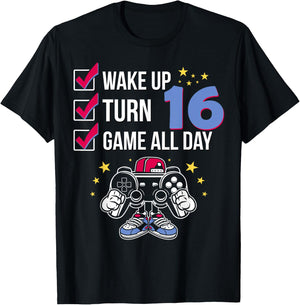 Gamer Birthday Shirt 16 Years Old Level 16 Unlocked Boy Gift T-Shirt - T-Shirt | Black
