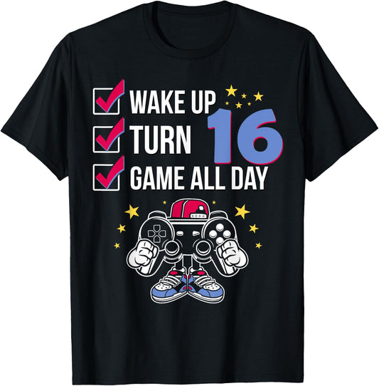 Gamer Birthday Shirt 16 Years Old Level 16 Unlocked Boy Gift T-Shirt - T-Shirt | Black