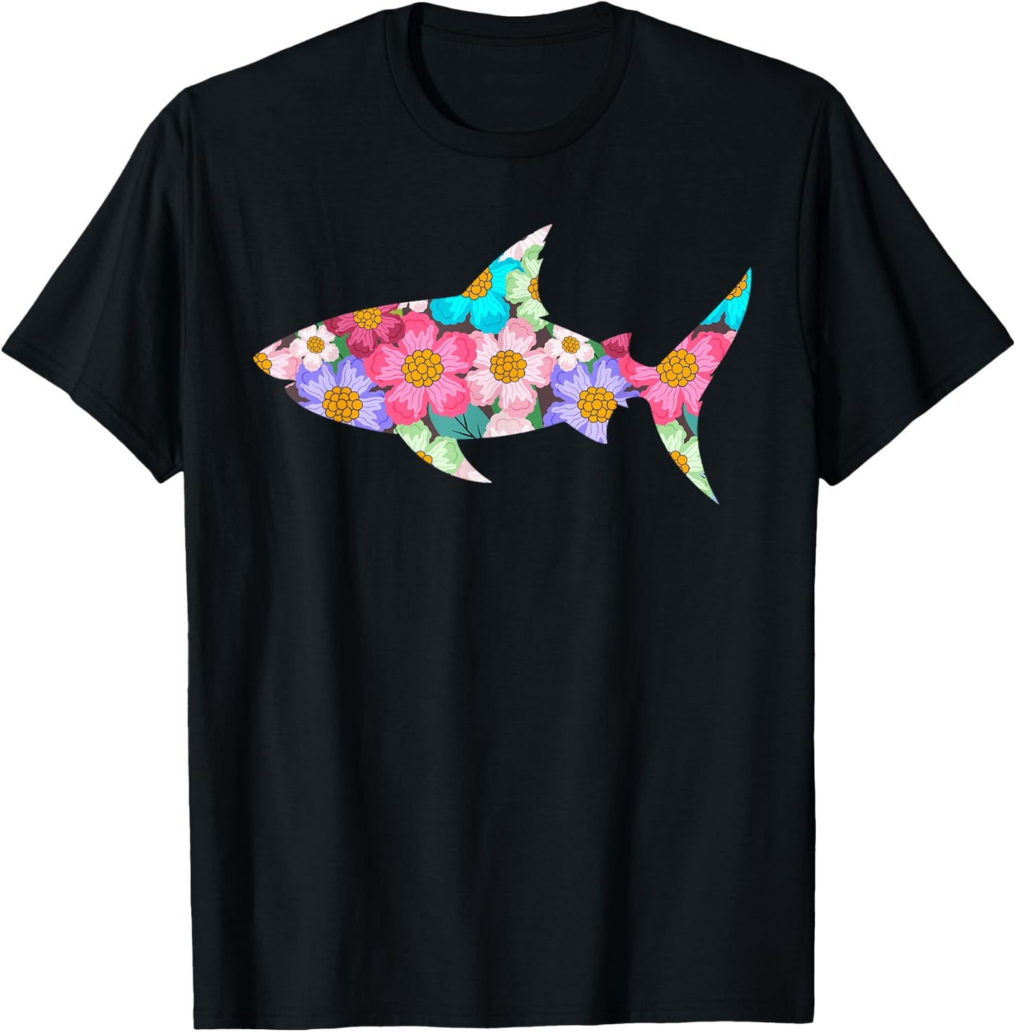 Floral Shark Silhouette Girls Graphic T-Shirt - T-Shirt | Black