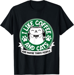 I Like Coffee and Cats and Maybe 3 People Funny Pet Lover T-Shirt - T-Shirt | Black