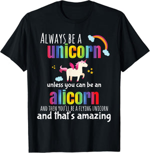 Hundredth Monkey Animal Cute Alicorn Always Be a Unicorn for Girls, Blue, Small T-Shirt - T-Shirt | Black