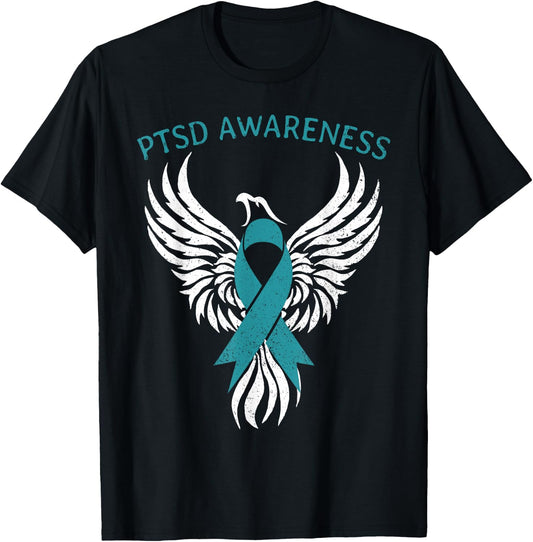 Rise of The Phoenix PTSD Awareness Month Teal Ribbon T-Shirt - T-Shirt | Black