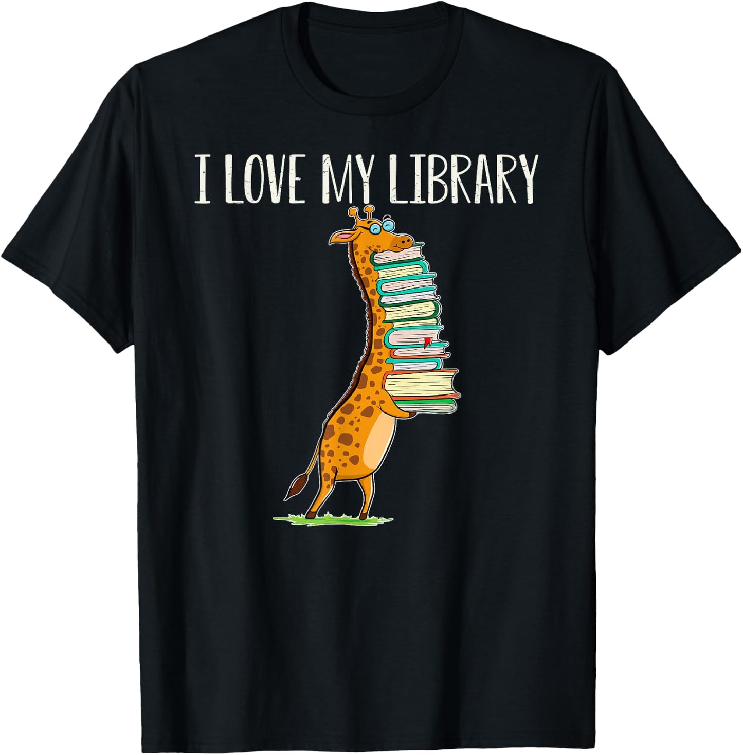 Funny Book Reading Giraffe I Love My Library T-Shirt - T-Shirt | Black
