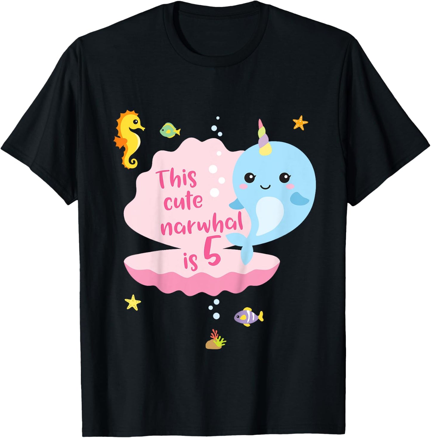 5th Birthday 5 Year Old Girl Boy Gift Narwhal Sea Unicorn T-Shirt - T-Shirt | Black