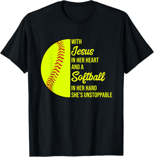 With Jesus In Her Heart She's Unstoppable Softball T-Shirt - T-Shirt | Black