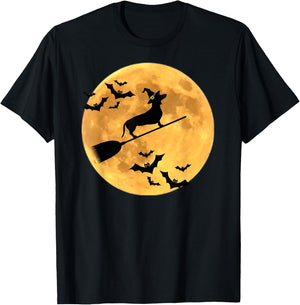 Dachshund Witch Dog Halloween Moon Broomstick Broom Men Women Kids T-Shirt - T-Shirt | Black