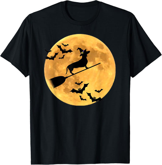 Dachshund Witch Dog Halloween Moon Broomstick Broom Men Women Kids T-Shirt - T-Shirt | Black