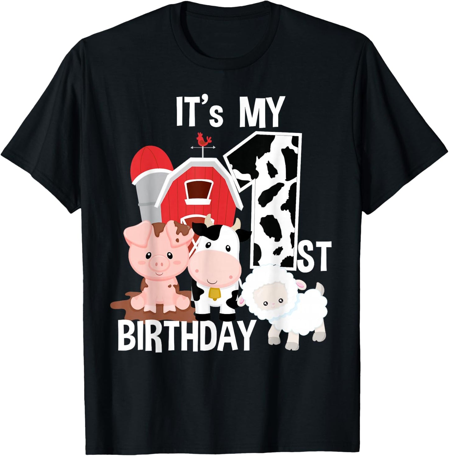 Farm Animals 1 Year Old It's My 1st Birthday Party T-Shirt - T-Shirt | Black
