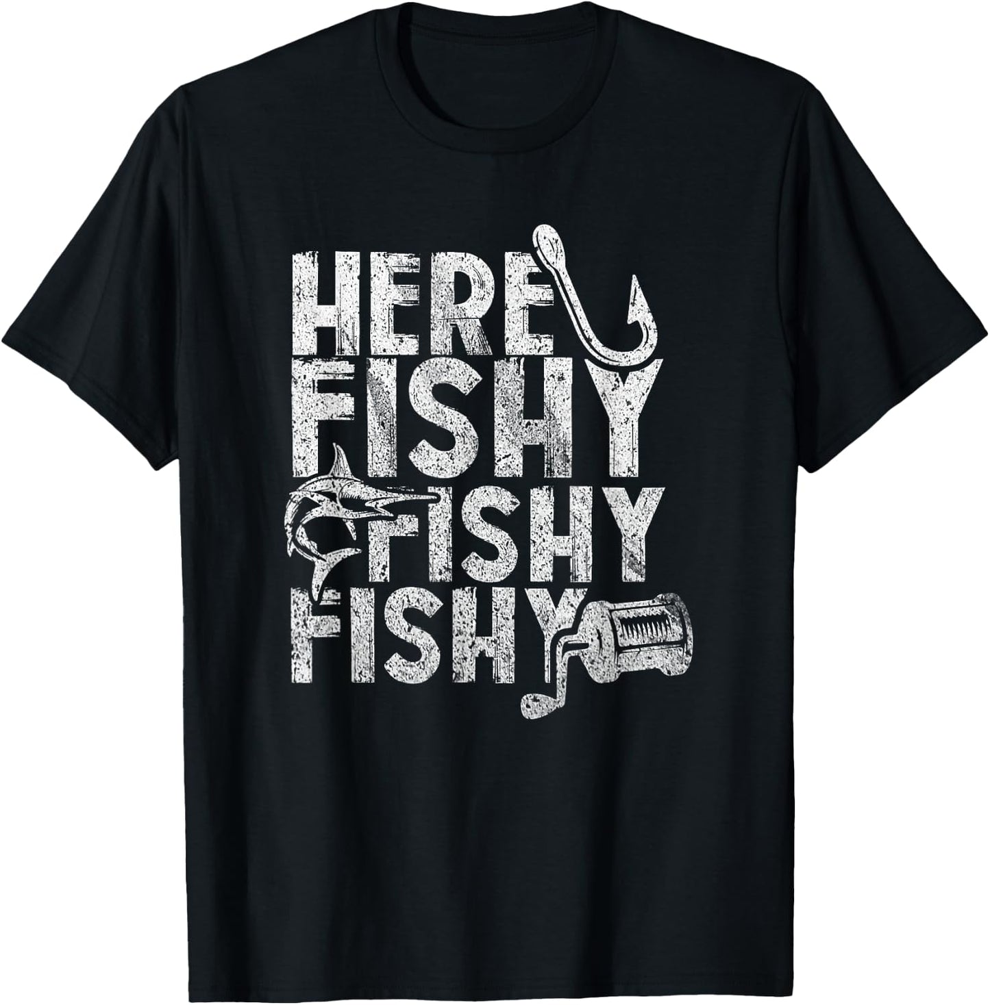Here Fishy Fishy Fishy Lucky Fishing Shirt T-Shirt - T-Shirt | Black