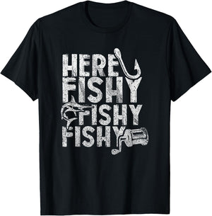Here Fishy Fishy Fishy Lucky Fishing Shirt T-Shirt - T-Shirt | Black