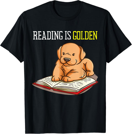 Golden Retriever Book Reading Gift Bookworm Teachers Dog Women Girls Kids T-Shirt - T-Shirt | Black