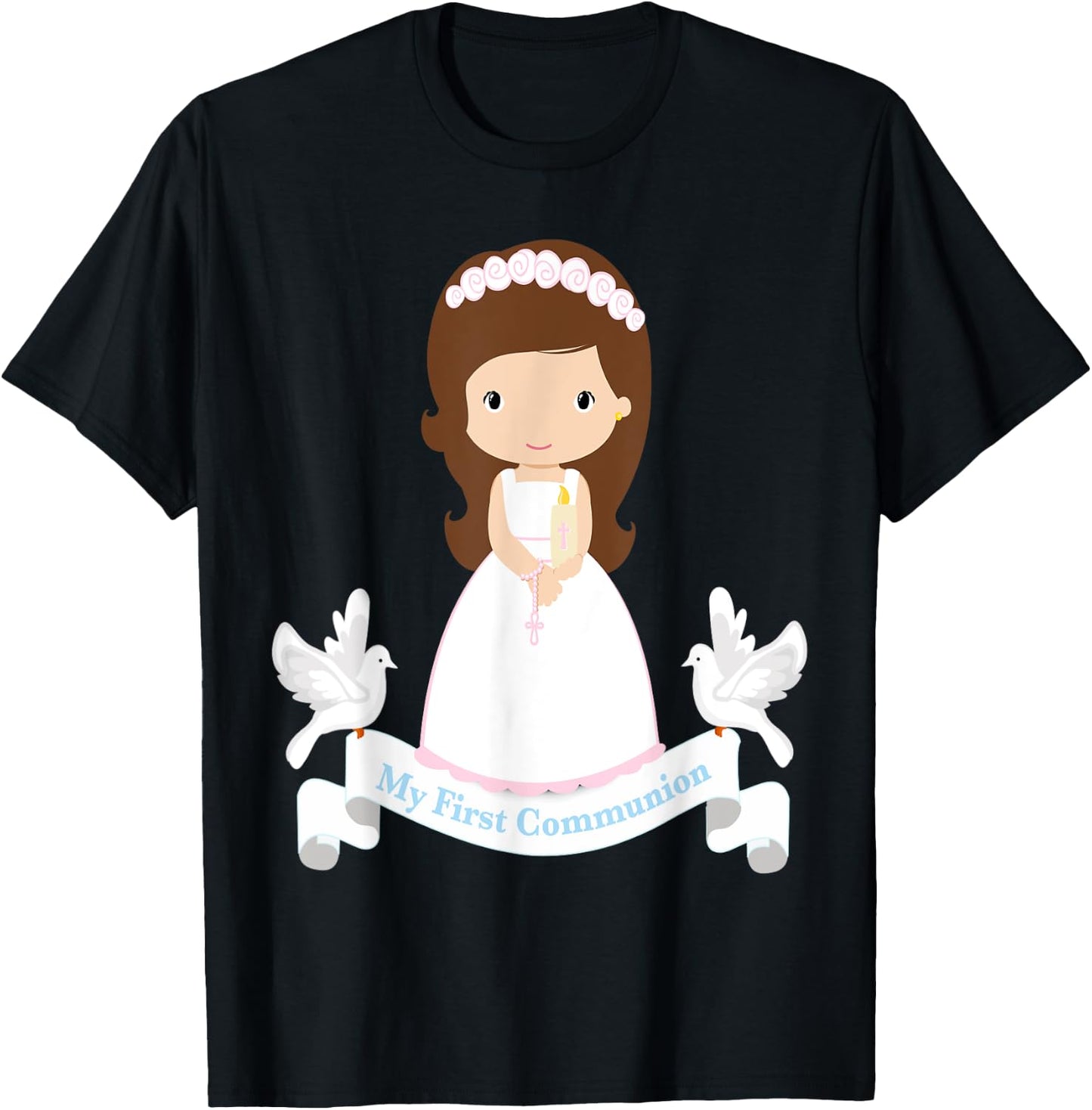 First Communion Shirt Kids Rosary Girls Daughter Brown Hair T-Shirt - T-Shirt | Black