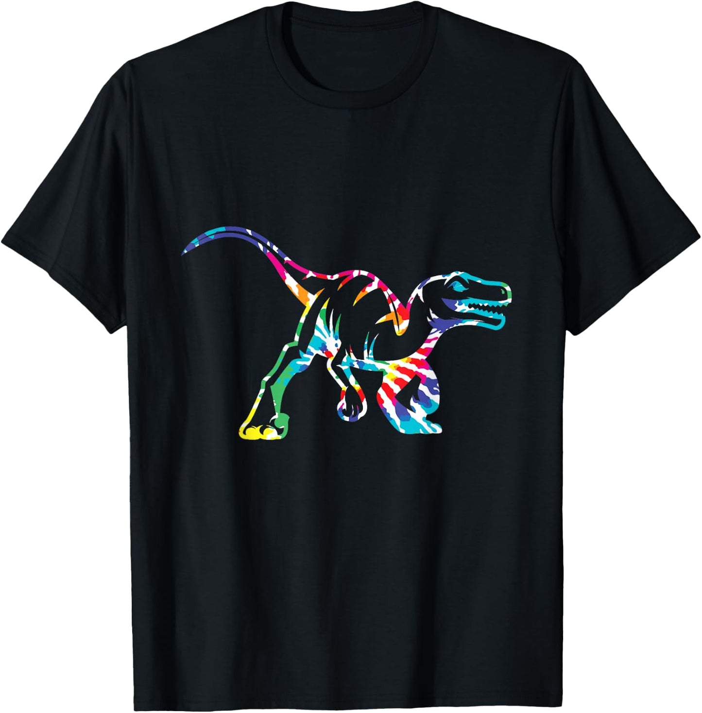 Fun Hippie Rainbow Tie Dye Raptor Dinosaur Small T-Shirt - T-Shirt | Black