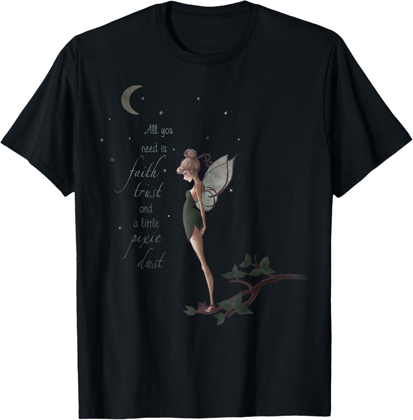 Disney Peter Pan Tinker Bell Moon Quote Art Graphic T-Shirt - T-Shirt | Black