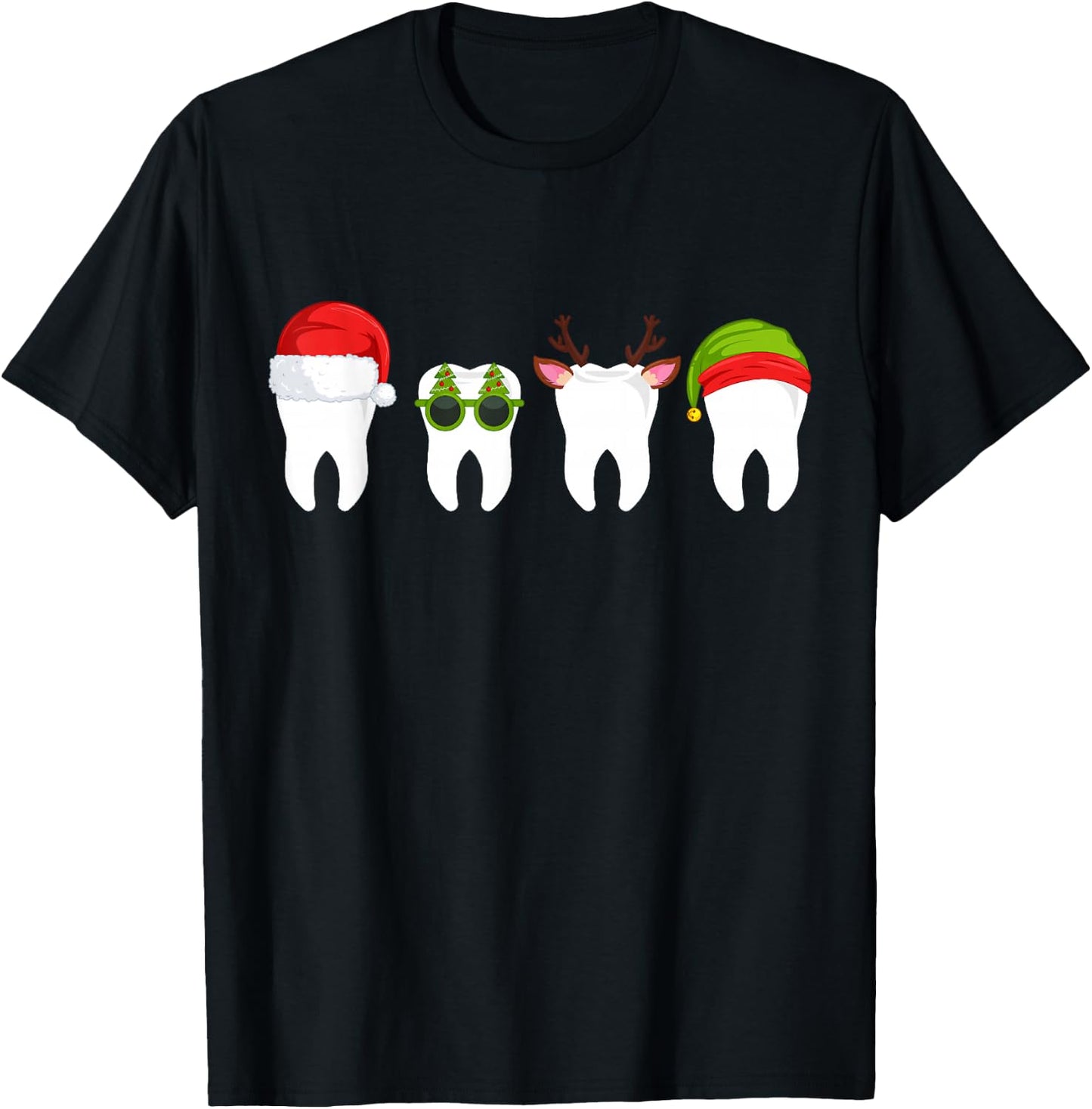 Funny Dentist Christmas Tooth Dental Teeth with Xmas Hats T-Shirt - T-Shirt | Black