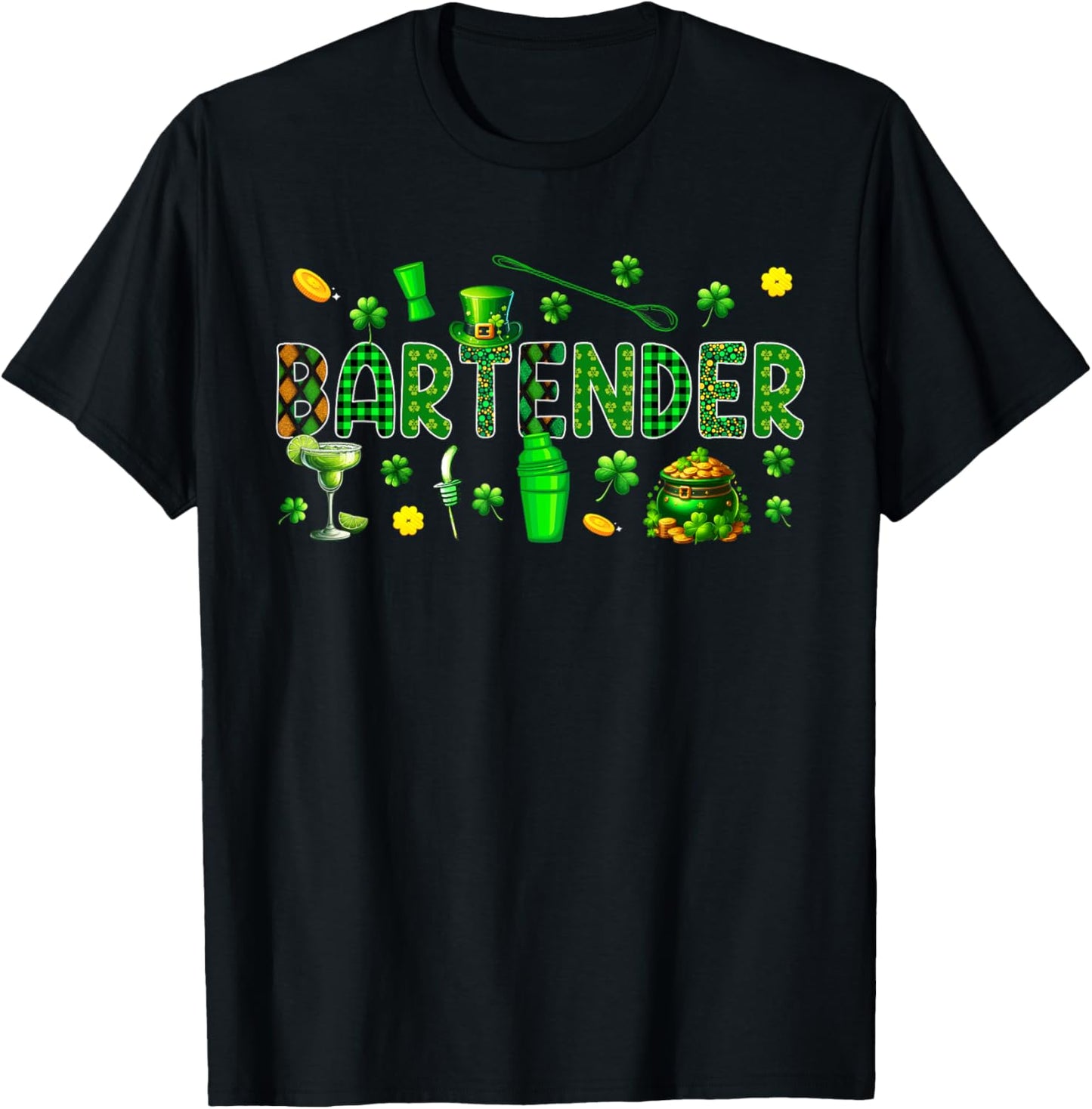 Bartender Tools St. Patrick's Day Shamrocks Funny Job Team T-Shirt - T-Shirt | Black
