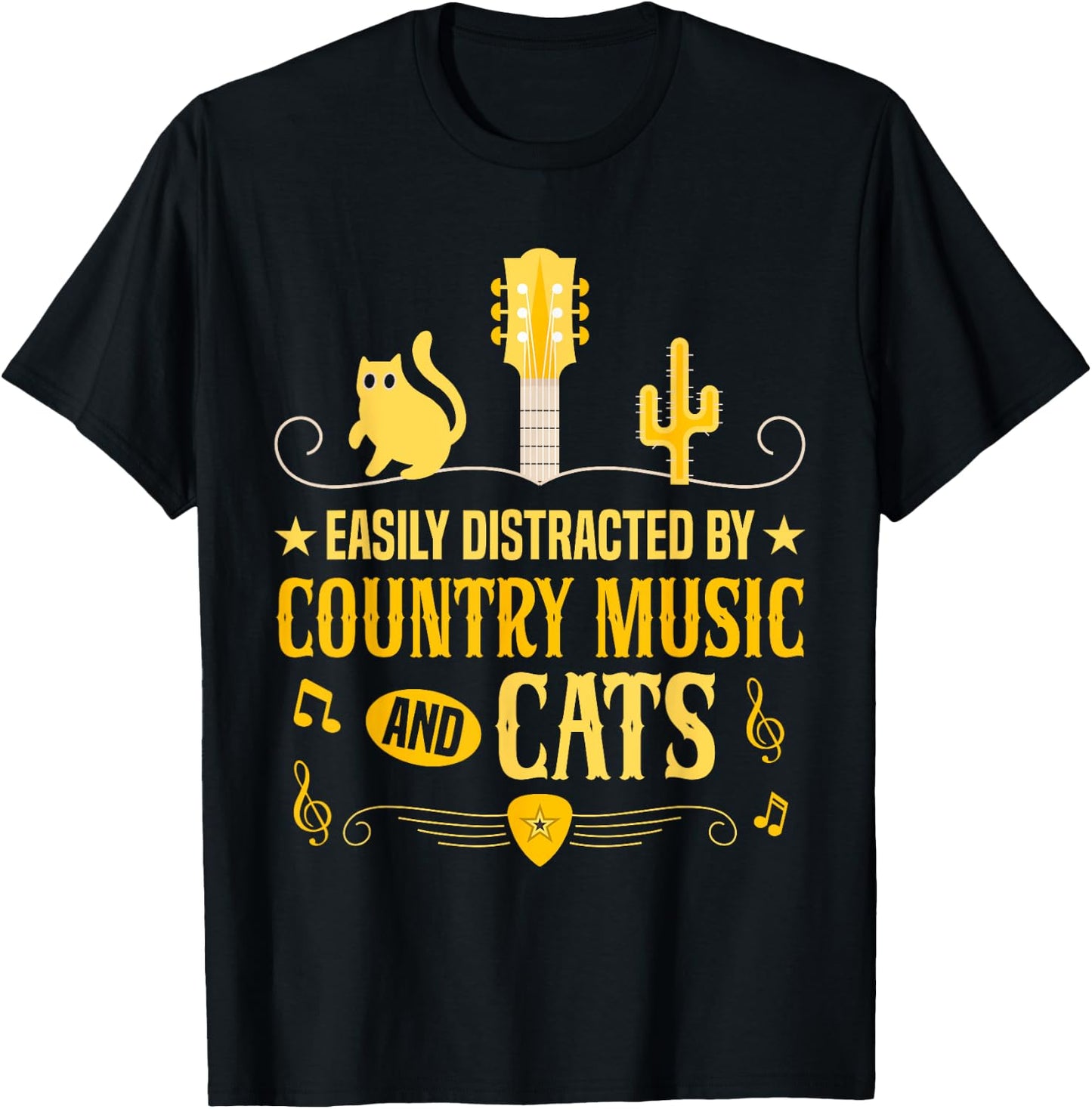 Distracted By Country Music And Cats Cowboy Cat T-Shirt - T-Shirt | Black