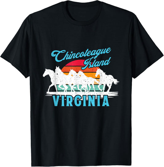 Chincoteague Island Wild Horses Virginia Travel Retro Sunset T-Shirt - T-Shirt | Black