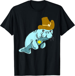 Cowboy Manatee Floaty Dugong Sea Cows Sheriff Rancher T-Shirt - T-Shirt | Black