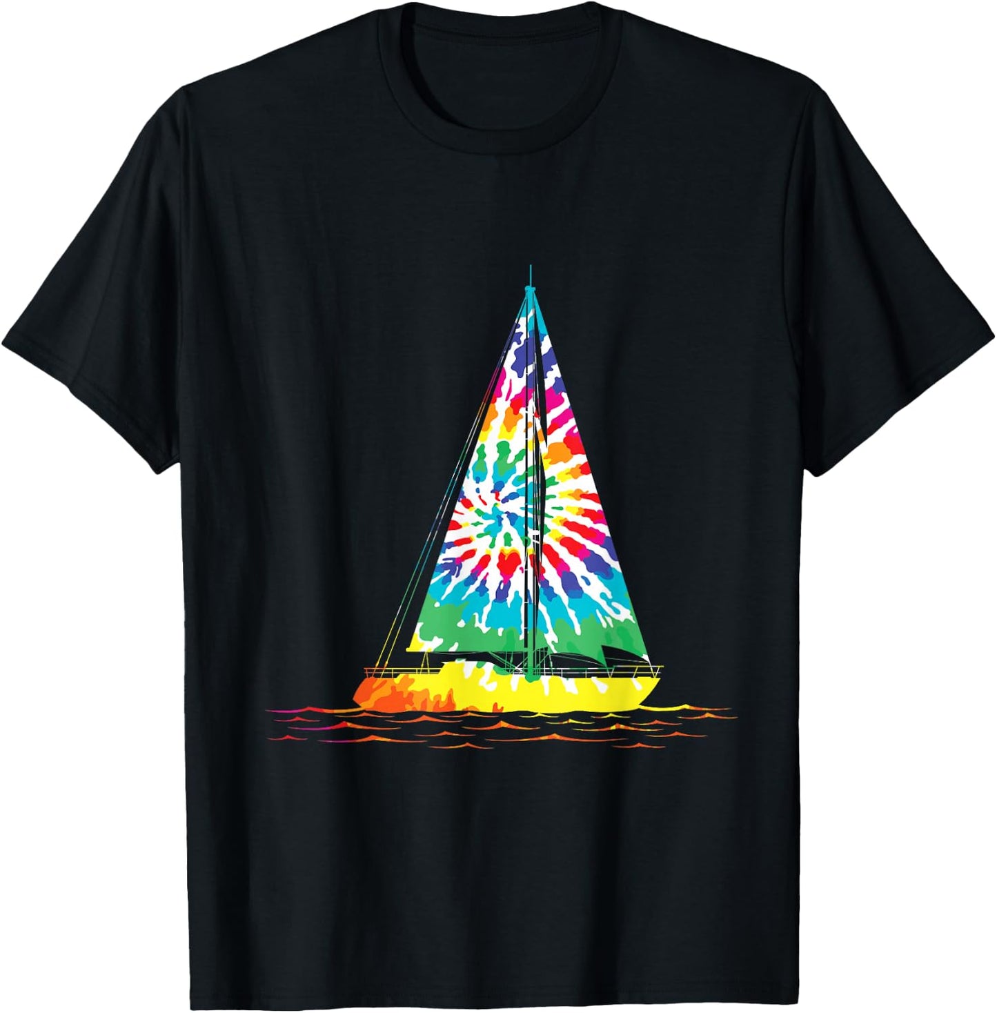 Fun Sailing Hippie Rainbow Tie Dye Sailboat Scene T-Shirt - T-Shirt | Black