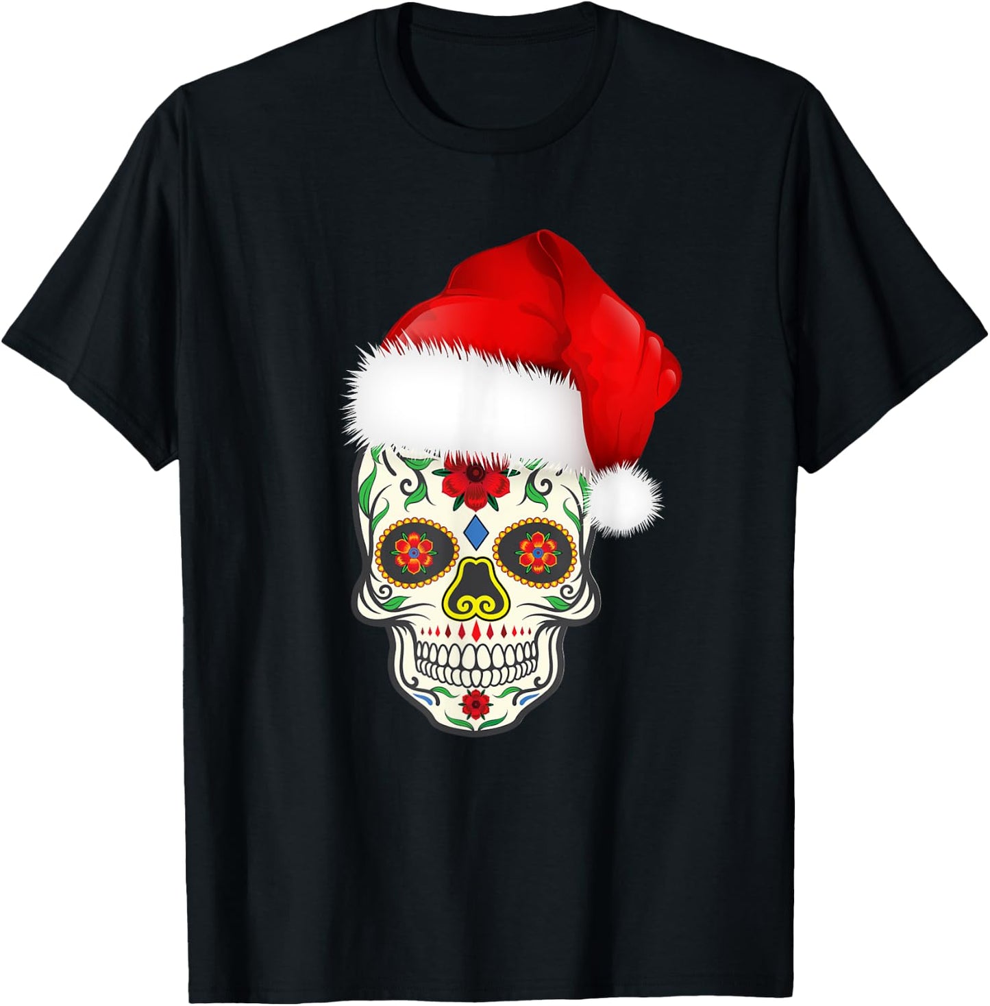 Sugar Skull With Christmas Santa Hat Day of the Dead T-Shirt - T-Shirt | Black