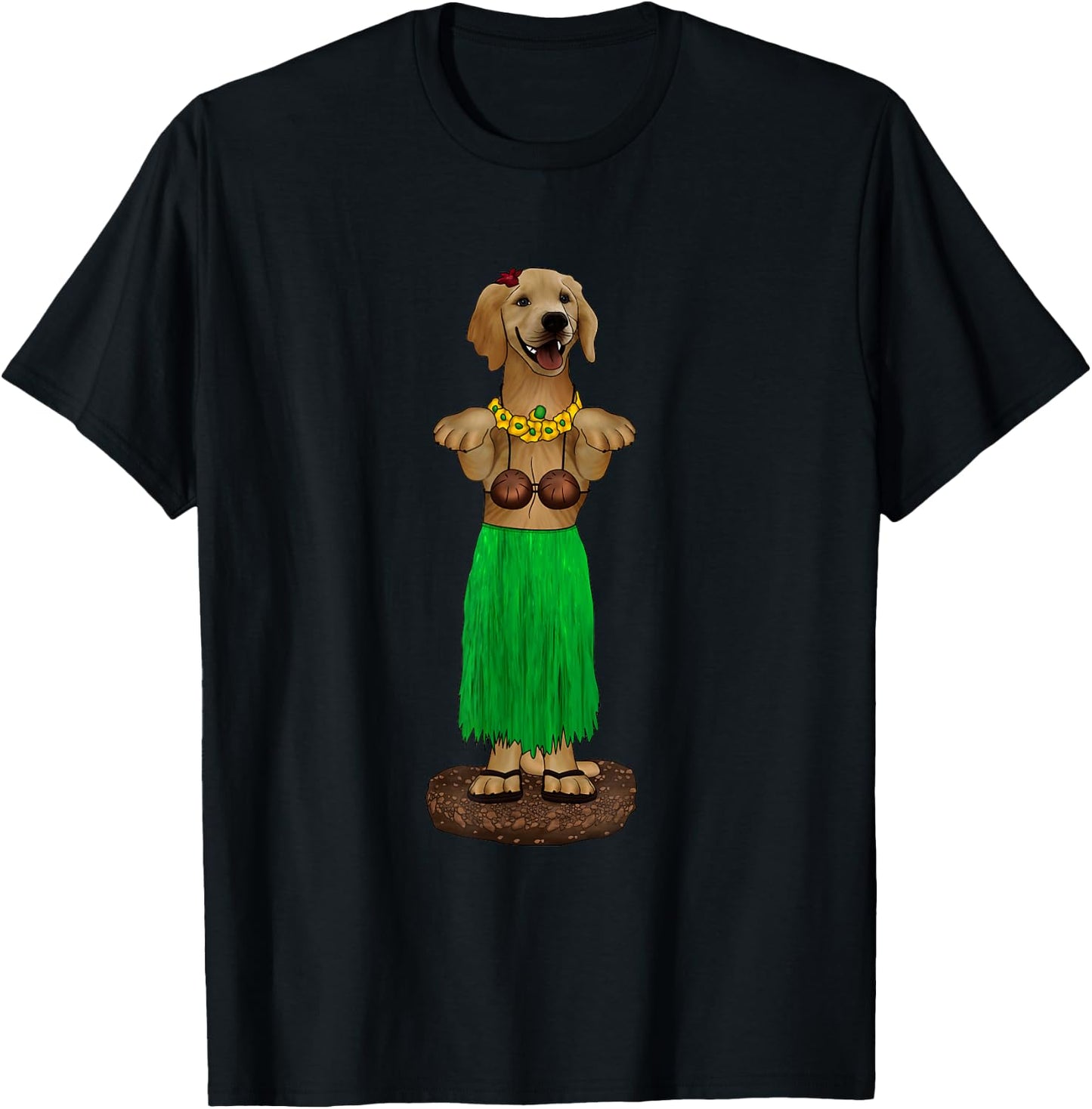 Dashboard Hula Dog Golden Retriever Lei Coconut Bra Women Kids T-Shirt - T-Shirt | Black