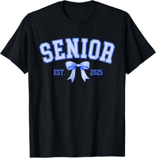 Senior 2025 Coquette Class of 2025 Blue Bows Retro T-Shirt - T-Shirt | Black