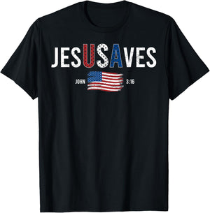 Jesus Saves USA American Flag Patriotic Christian 4th July T-Shirt - T-Shirt | Black