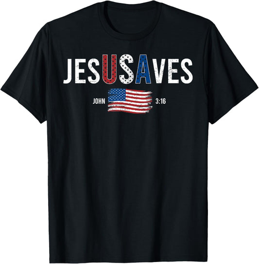 Jesus Saves USA American Flag Patriotic Christian 4th July T-Shirt - T-Shirt | Black